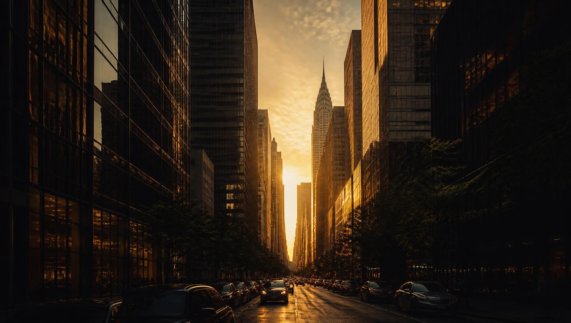 Golden-hour light down a Midtown Manhattan avenue near East 50th Street